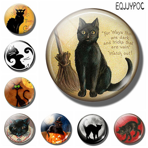 Cat Lovers 30MM Fridge Magnet Black Cat with Broom Witch Quote Glass Cabochon Magnetic Refrigerator Sticker Note Holder Decor